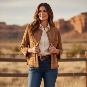 Chicos Soft Camel Brown Leather Fringe Jacket Coat L Size 2 Western Concert Boho